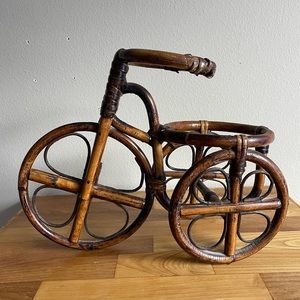 Vintage Mid Century Rattan Bamboo Bike Plant Holder
